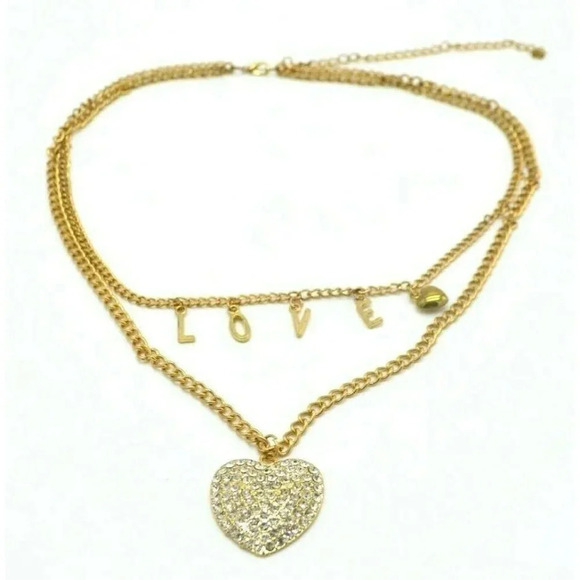 Clear Rhinestone Heart LOVE Letter Multi-Strand Gold Tone Necklace - Picture 1 of 4